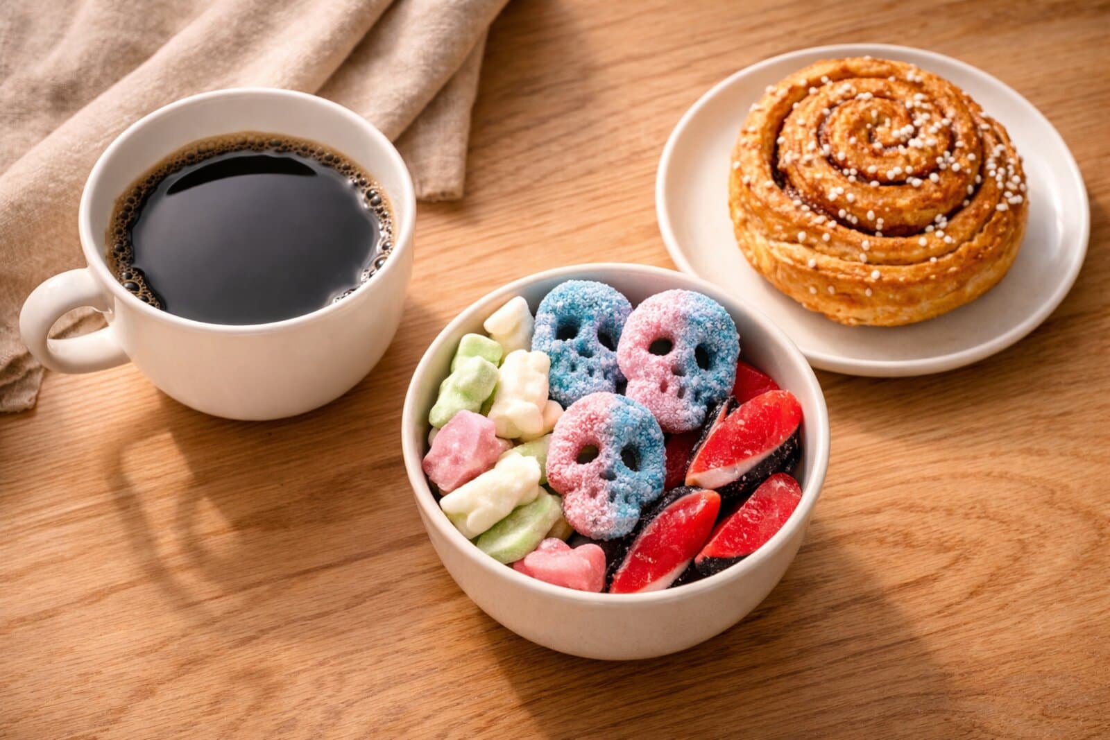 Swedish fika setup with coffee, pastries, and candy