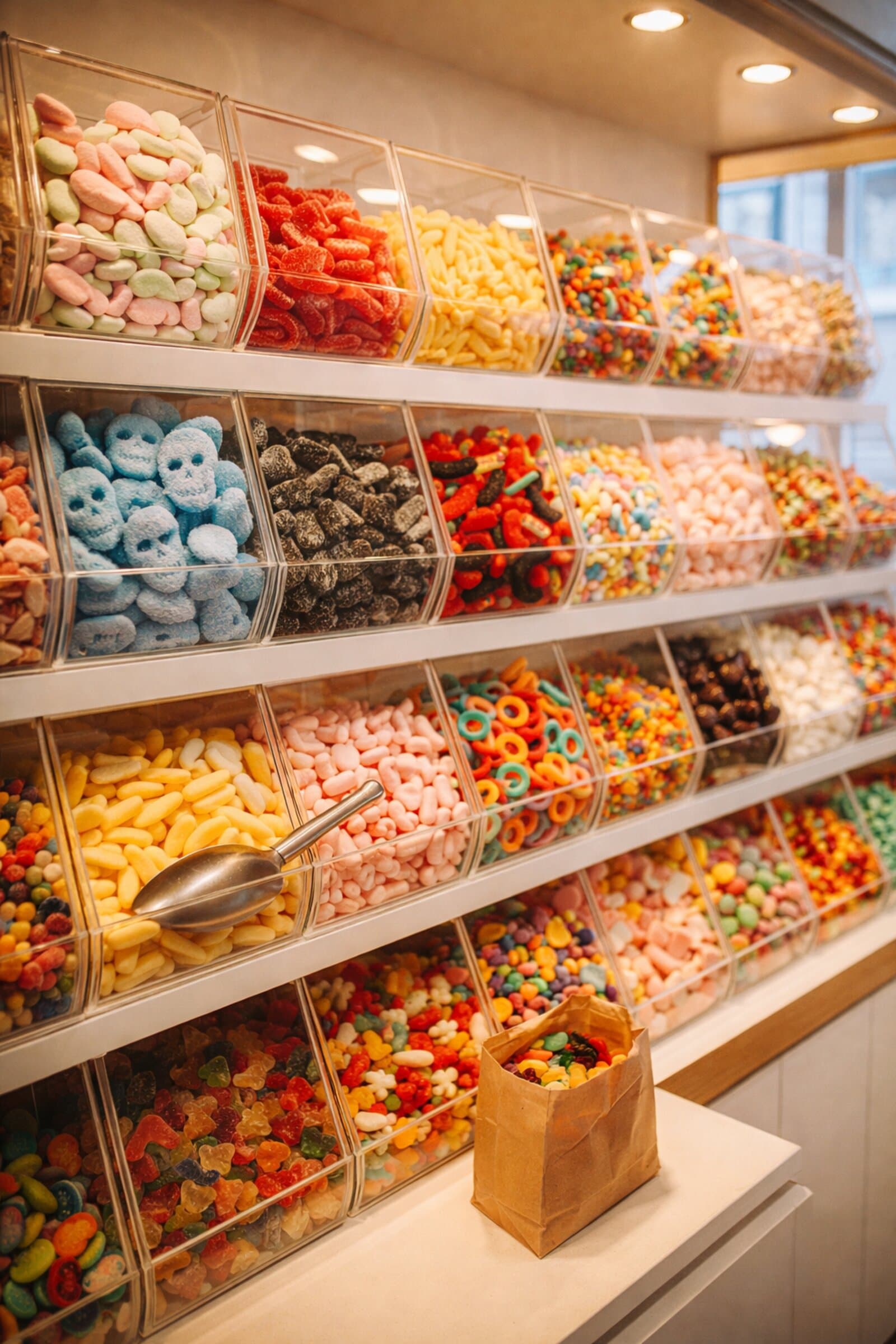 Swedish lösgodis pick and mix candy wall with dozens of varieties