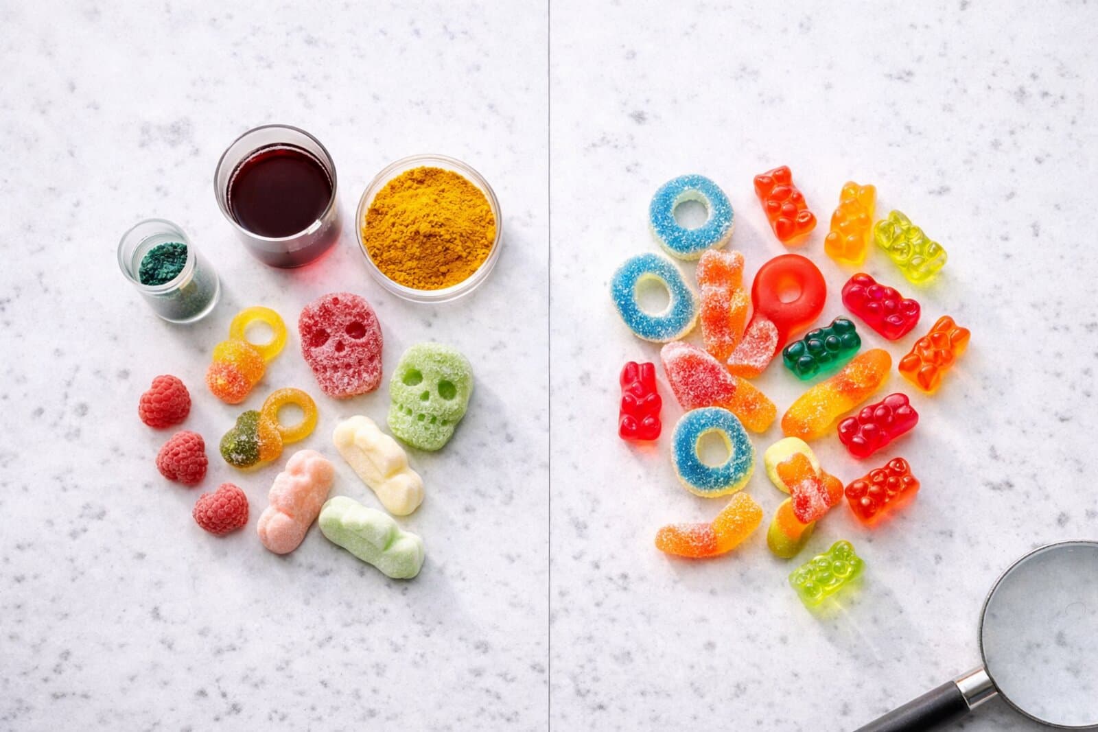 Red candy showing natural vs artificial food coloring difference