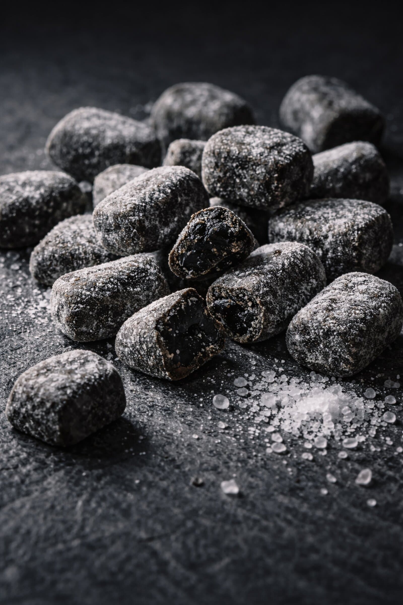 Dark salmiak licorice candy pieces with salt crystals