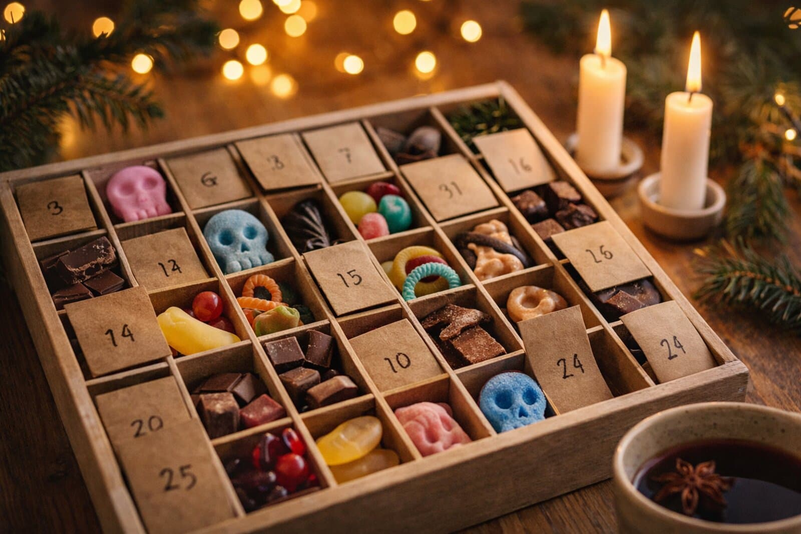 Swedish candy advent calendar with doors opened revealing candy