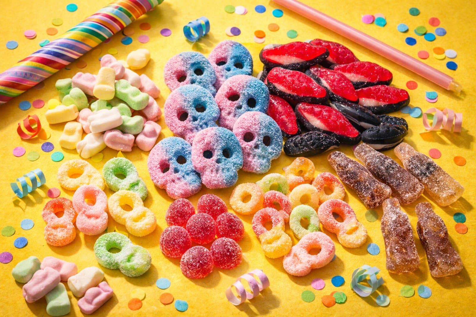 Full lineup of BUBS Swedish candy flavors arranged by type