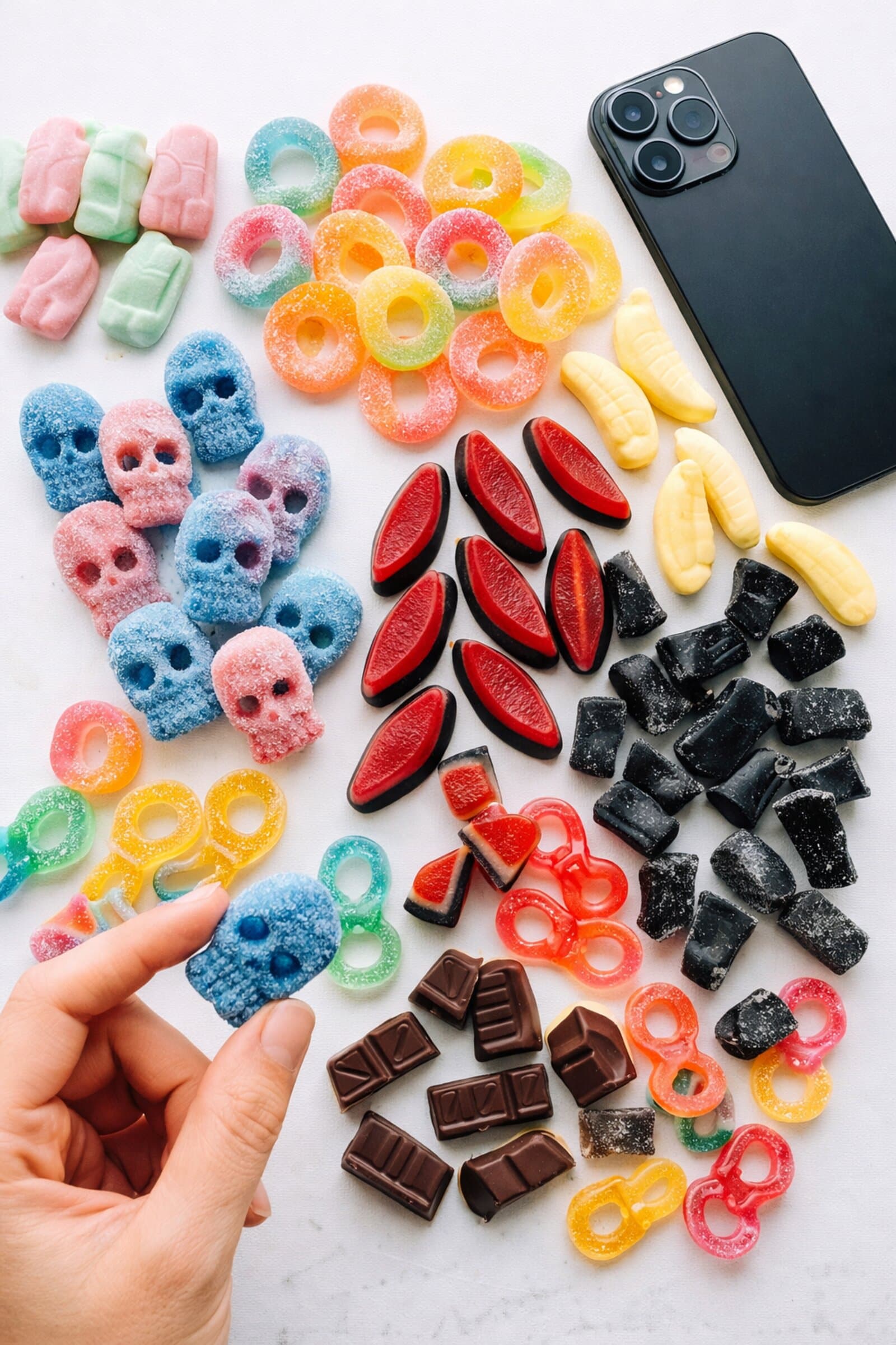 TikTok-style candy haul with Swedish candy brands spread on a table