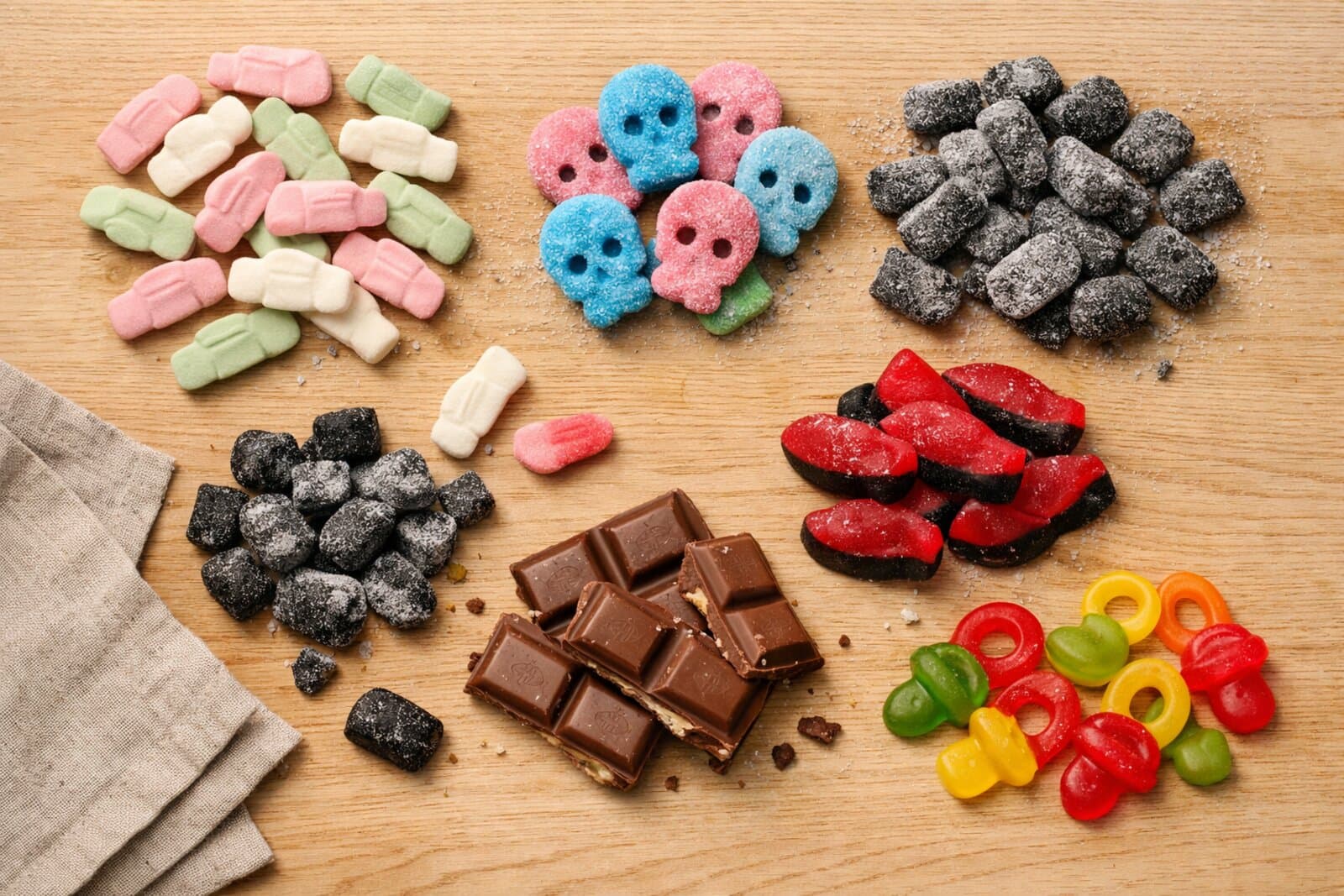 Variety of Swedish gummy candy types and textures