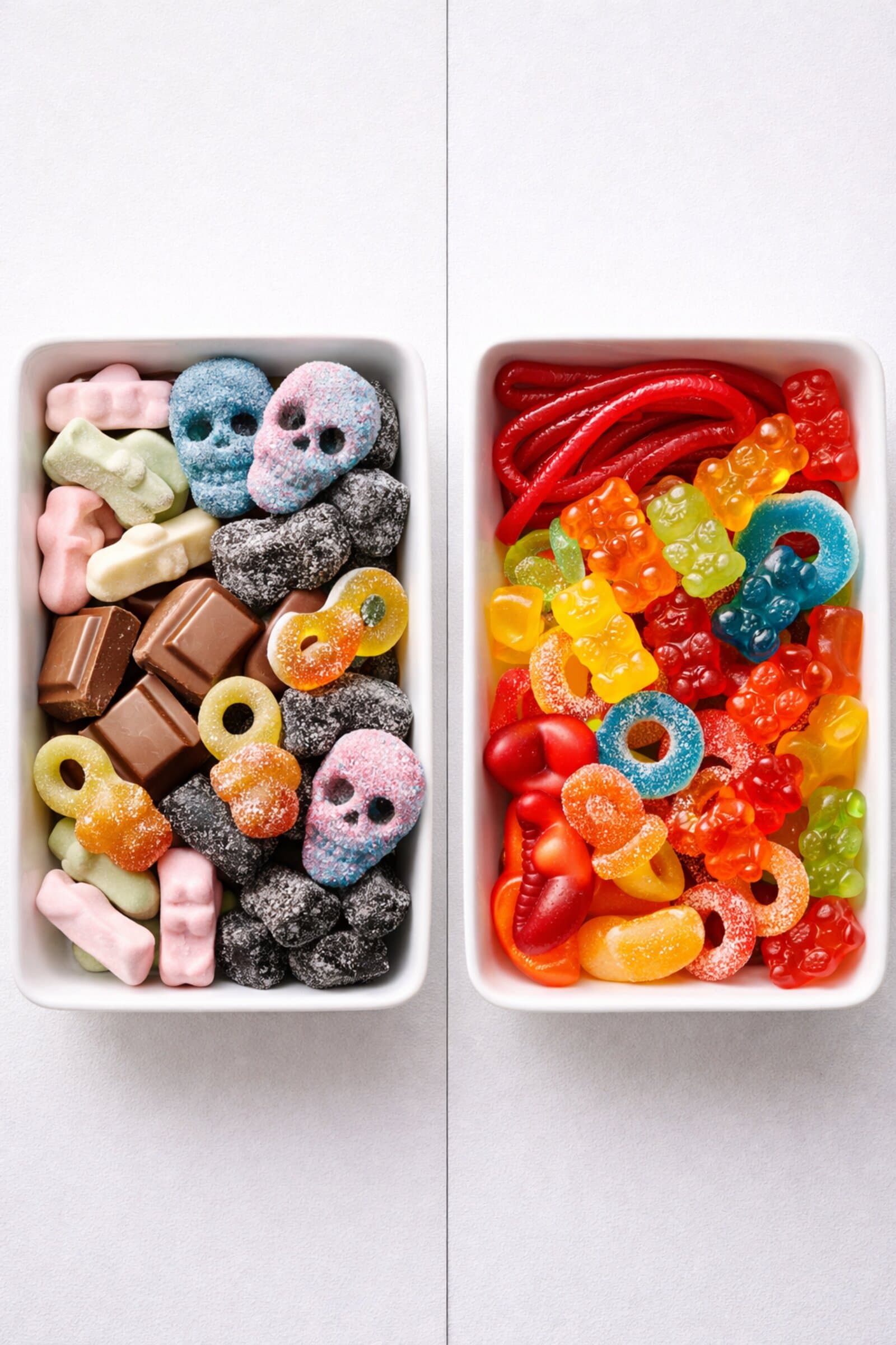 Side by side comparison of Swedish candy and American candy packages